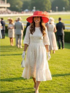 Derby Days-Elegant Red Hat with tulle & ribbon. Title: Coming in Red Hot!